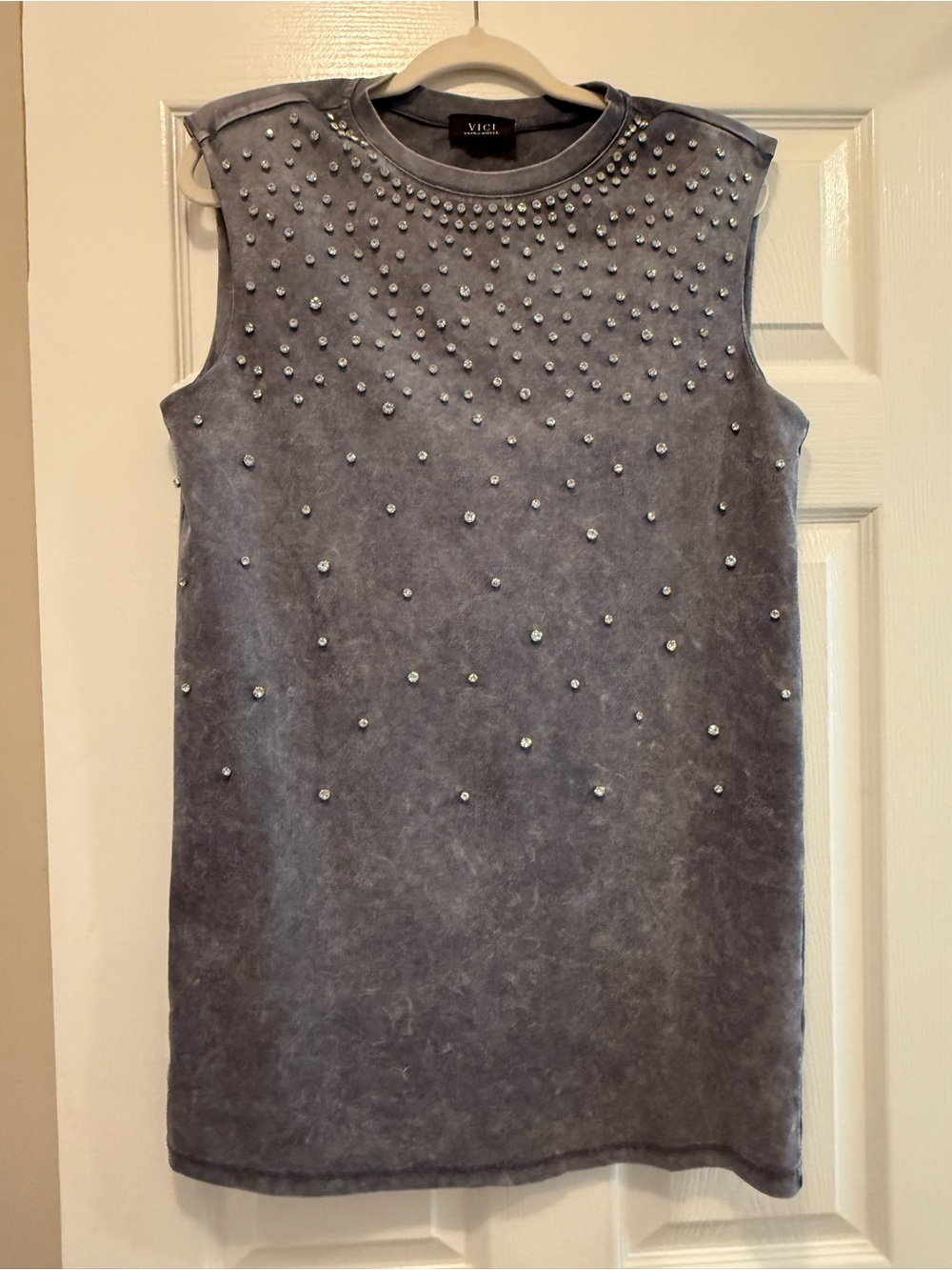 Vici Gray Blue Sleeveless Studded Mineral-Wash Sweatshirt Dress